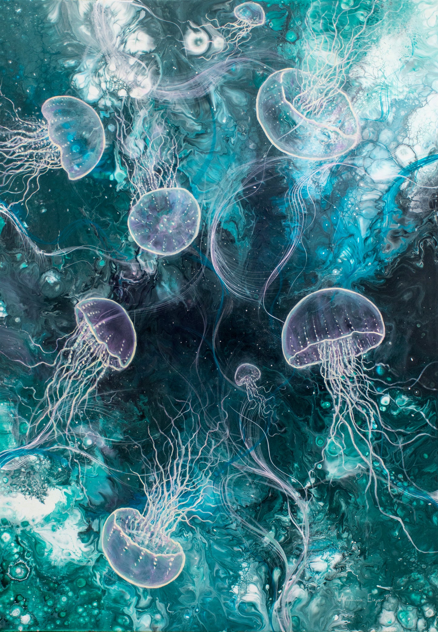 Jellyfish Dance – Originalt samarbejdsmaleri, 70×100 cm