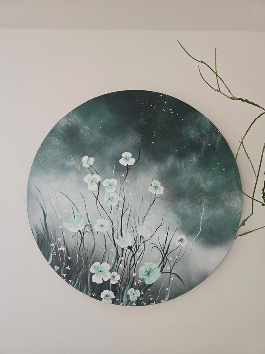 Midnight Bloom – Originalt rundt maleri, Ø80 cm