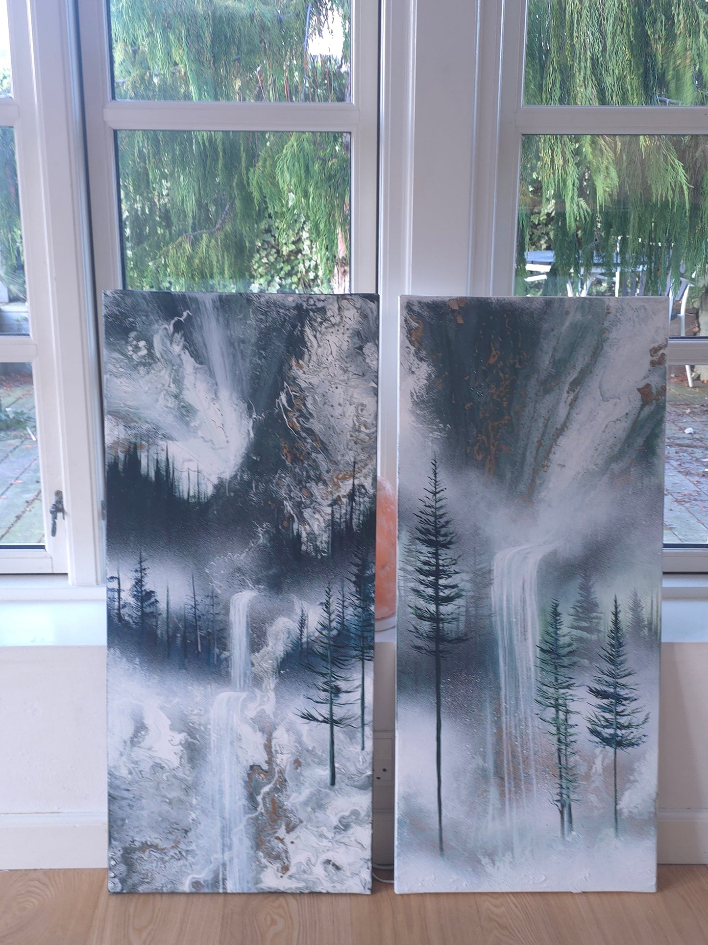 Silent Falls – Diptyk — Originalt maleriæt, 2 × 40×90 cm