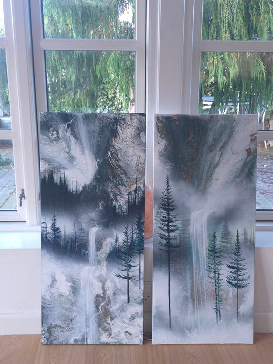 Silent Falls – Diptyk — Originalt maleriæt, 2 × 40×90 cm